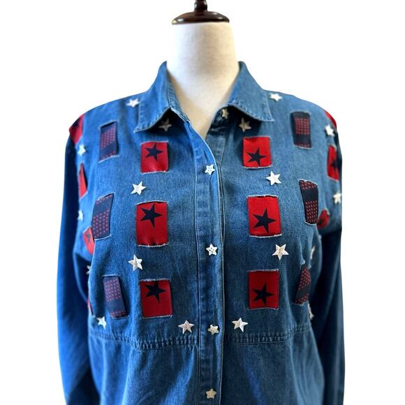 Vintage Denim Patriotic Patchwork Top Embellished Shirt Size XL Stars Jacket USA - Picture 5 of 7